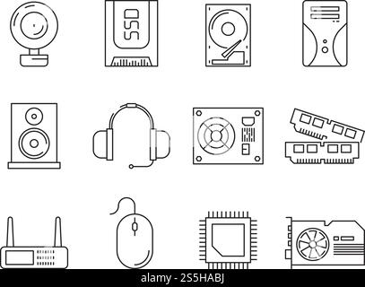 Hardware pc components. Symbols of computer items processor server ssd or hdd memory ram vector line icons. Illustration of hardware cpu, processor for computer, component and memory. Hardware pc components. Symbols of computer items processor server ssd or hdd memory ram vector line icons Stock Vector