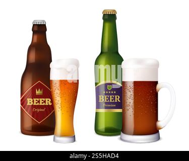 Beer glasses bottles. Cup and vessels for alcoholic drinks craft light brown fresh cold beer with foam splash. Realistic pictures beer. Illustration of beer glass and bottle alcohol. Beer glasses bottles. Cup and vessels for alcoholic drinks craft light brown fresh cold beer with foam splash. Realistic pictures beer Stock Vector