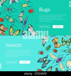 Vector hand drawn insects web banner templates illustration. Website page and poster. Vector hand drawn insects web banner illustration Stock Vector