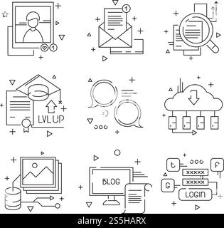 Social media communication icon. Web media endorsement community group person people talking line symbols. Social community blog linear illustration. Social media communication icon. Web media endorsement community group person people talking line symbols Stock Vector