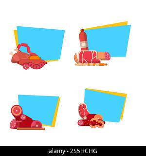 Vector flat meat and sausages icons stickers with place for text set illustration isolated on white background. Vector flat meat and sausages icons stickers with place for text set illustration Stock Vector