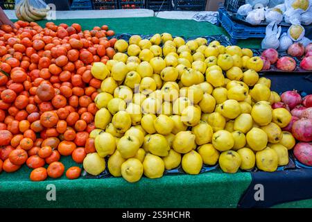 A table full of fruit including oranges, lemons, and apples. The oranges are piled on top of the lemons Stock Photo