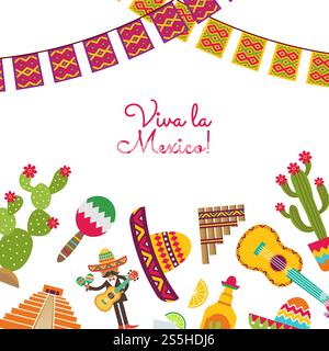 Vector flat Mexico attributes background with place for text illustration. Vector flat Mexico attributes of set background Stock Vector