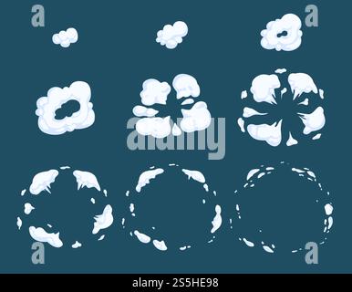 Explode animation. Smoke steam dust or smoke bomb exploding cartoon vector effects. Smoke explosion, explode illustration motion cloud illustration. Explode animation. Smoke steam dust or smoke bomb exploding cartoon vector effects Stock Vector