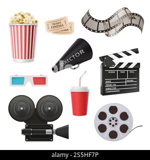 Movie 3d icons. Camera cinema stereo glasses popcorn clapper and megaphone for film production vector realistic pictures. Cinema clapper, video reel and popcorn illustration. Movie 3d icons. Camera cinema stereo glasses popcorn clapper and megaphone for film production vector realistic pictures Stock Vector