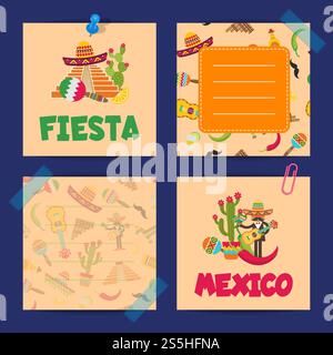 Vector flat Mexico attributes cute note cards of set illustration. Vector flat Mexico note cards of set Stock Vector