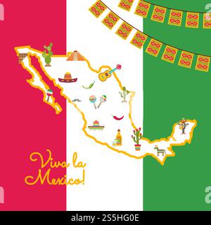 Vector flat Mexico attributes on map on mexican flag with garlands concept illustration. Vector flat Mexico attributes on map mexican flag Stock Vector