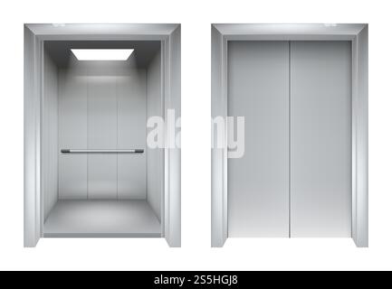 Elevator doors. Closing and opening lift metallic in office building vector realistic 3d pictures. Illustration of lift door and elevator for office or hotel. Elevator doors. Closing and opening lift metallic in office building vector realistic 3d pictures Stock Vector