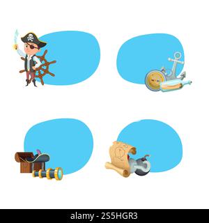 Vector cartoon sea pirates stickers with place for text set illustration. Vector cartoon sea pirates stickers Stock Vector