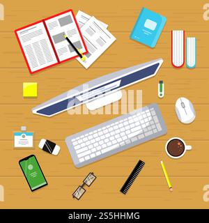 Office table top view. Business finance manager workspace with laptop books mouse pc vector flat concept pictures. Illustration of workplace office, organization and management. Office table top view. Business finance manager workspace with laptop books mouse pc vector flat concept pictures Stock Vector