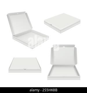 Pizza box mockup. Fast food product cardboard empty blank packages open and closed vector realistic pictures various views. Illustration of package box mockup for pizza. Pizza box mockup. Fast food product cardboard empty blank packages open and closed vector realistic pictures various views Stock Vector