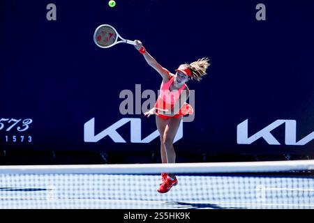 Melbourne, Australia. 14th Jan, 2025. Iva Jovic, a 17 years old American had a great win over Nuria Parrizas Dias of Spain (not in picture) at Australian Open game. Dias is ranked 99th, and she was as high as 45th. Iva will play Elena Rybakina in round 2. Rybakina is seeded 6th and is a former Wimbledon Champion. Jovic is one of the youngest remaining players in the draw. Credit: SOPA Images Limited/17�Թ����� Live News Stock Photo