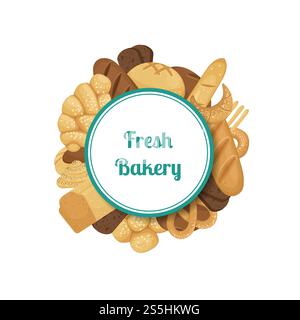 Vector cartoon bakery elements under circle with place for text illustration. Vector cartoon bakery elements isolated on white Stock Vector
