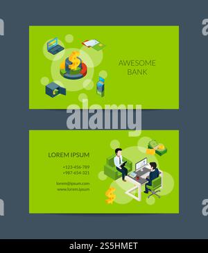 Vector isometric money flow in bank business card template for bank or finance investement and consult company illustration. Vector isometric money flow in bank business card for bank or finance investement Stock Vector