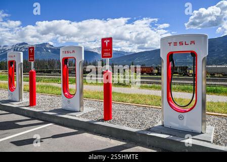 Tesla charging station, Jasper, Alberta, Canada Stock Photo