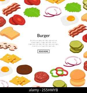 Vector isometric burger ingredients background with place for text illustration. Banner and poster template. Vector isometric burger ingredients background. Banner and poster Stock Vector