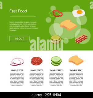 Vector isometric burger ingredients landing page template illustration banner for web site. Vector isometric burger illustration banner for web Stock Vector