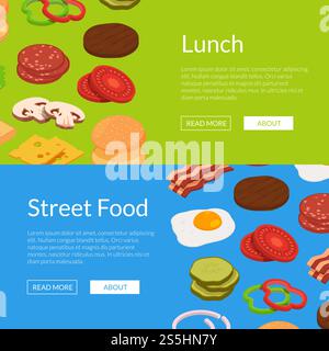 Vector isometric burger ingredients web banner templates illustration. Web poster for street food. Vector isometric burger ingredients web banner templates illustration Stock Vector