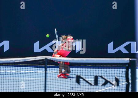 Melbourne, Australia. 14th Jan, 2025. Iva Jovic, a 17 years old American had a great win over Nuria Parrizas Dias of Spain (not in picture) at Australian Open game. Dias is ranked 99th, and she was as high as 45th. Iva will play Elena Rybakina in round 2. Rybakina is seeded 6th and is a former Wimbledon Champion. Jovic is one of the youngest remaining players in the draw. (Photo by Richard Haines/SOPA Images/Sipa USA) Credit: Sipa USA/17�Թ����� Live News Stock Photo