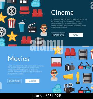 Vector flat cinema colored icons pop corn and camera web banner templates illustration. Vector flat cinema icons web banner templates illustration Stock Vector