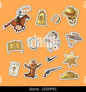 Vector hand drawn wild west cowboy elements stickers set illustration isolated on orange. Vector hand drawn wild west cowboy stickers set illustration Stock Vector