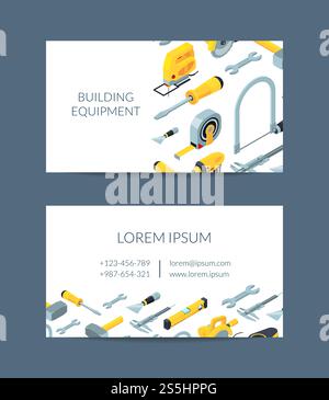 Vector construction tools isometric icons business card template for hardware store illustration. Company instrument for construction and repair. Vector construction tools isometric icons business card template for hardware store illustration Stock Vector