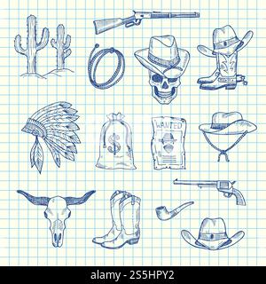 Vector hand drawn wild west cowboy elements set on blue cell sheet background illustration. Vector hand drawn wild west cowboy set Stock Vector