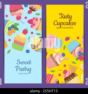 Vector cute cartoon muffins or cupcakes web banner templates illustration. Set of color poster with sweet food. Vector cute cartoon muffins or cupcakes web banner templates illustration Stock Vector
