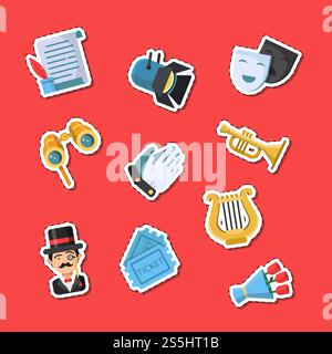 Vector flat theatre icons stickers set illustration isolated on red background. Vector flat theatre icons stickers set illustration Stock Vector
