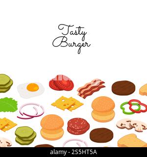 Vector isometric burger ingredients background with place for text illustration. Colored banner and poster. Vector burger ingredients background with place for text illustration Stock Vector