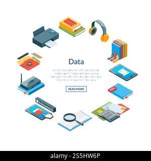 Vector isometric online education icons in circle shape with place for text illustration. Banner and poster device. Isometric online education icons in circle shape Stock Vector