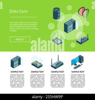 Vector electronic system of data center icons landing page template illustration. Vector electronic system of data center. Storing Data Brochure Stock Vector