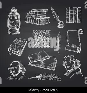 Vector hand drawn theatre elements set on black chalkboard background illustration. Vector hand drawn theatre set on black chalkboard Stock Vector