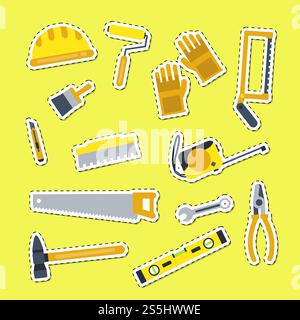 Vector flat construction tools stickers collection isolated on yellow illustration. Vector flat construction tools illustration. Building Elements stickers Stock Vector
