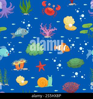 Vector cartoon colored underwater creatures and green seaweed pattern or background illustration. Vector cartoon underwater creatures and seaweed pattern or background illustration Stock Vector