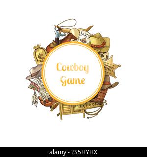 Vector hand drawn wild west cowboy elements under circle with place for text illustration. Vector wild west cowboy elements Stock Vector