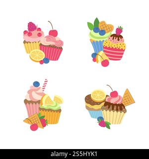 Vector cute cartoon muffins or cupcakes piles set isolated on white background illustration. Vector cute cartoon muffins or cupcakes set Stock Vector