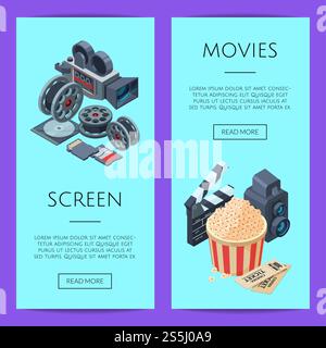 Vector cinematograph isometric elements web banner and poster templates illustration. Vector cinematograph isometric web banner templates illustration Stock Vector