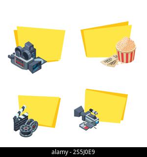 Vector cinematograph isometric elements stickers with place for text set illustration isolated on white. Vector cinematograph isometric elements stickers set illustration Stock Vector
