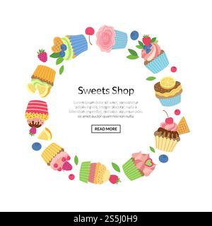 Vector cute cartoon muffins or cupcakes in circle shape with place for text illustration isolate on white. Vector cute cartoon muffins or cupcakes isolated Stock Vector