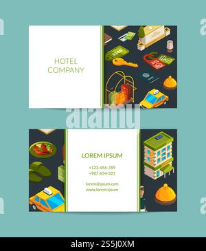 Vector isometric hotel icons business card template for hotel accomodation company illustration. Vector isometric hotel icons business card set Stock Vector