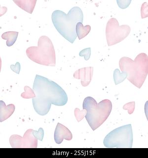 Watercolor hearts seamless pattern with splatter. Delicate illustration in pastel colors isolated on white. Clip art for background, wallpaper, greeti Stock Photo