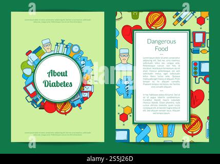 Vector colored diabetes icons card or flyer template of set illustration. Vector colored diabetes icons card or flyer Stock Vector