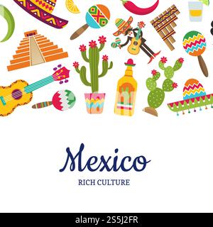 Vector flat Mexico attributes background with place for text illustration. Web page banner. Vector flat Mexico attributes background with place for text illustration Stock Vector