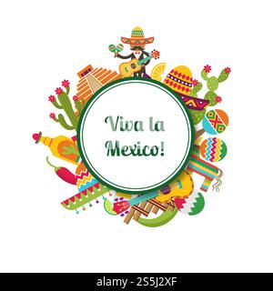 Vector flat Mexico attributes under circle with place for text illustration. Vector flat Mexico attributes circle with place for text illustration Stock Vector