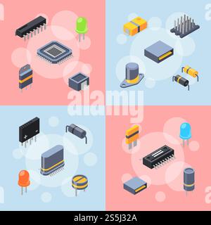 Vector banner and poster with isometric microchips and electronic parts icons infographic concept illustration. Vector isometric microchips and electronic parts icons infographic concept illustration Stock Vector
