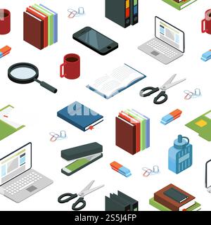 Vector isometric office stationery books and laptop elements background or pattern illustration. Vector isometric office stationery elements background or pattern illustration Stock Vector