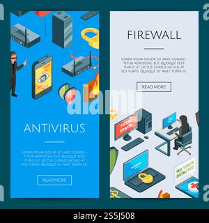 Vector isometric data and computer safety icons web banner templates illustration. Vector data and computer safety Stock Vector