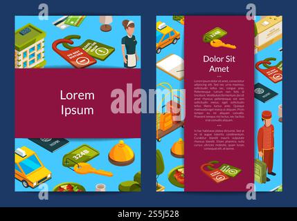 Vector isometric hotel icons card or flyer web template illustration. Vector isometric hotel icons card Stock Vector