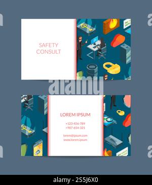 Vector isometric data and computer safety icons business card template for online security company illustration. Vector isometric data and computer safety icons business card Stock Vector